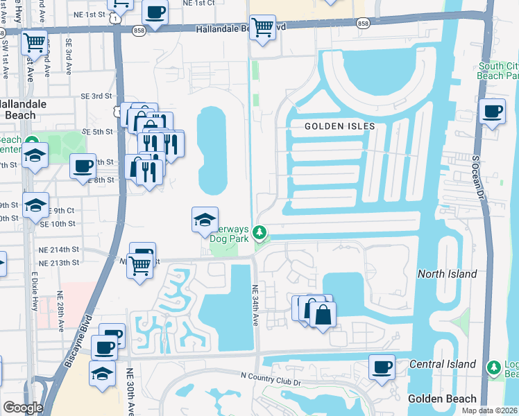 map of restaurants, bars, coffee shops, grocery stores, and more near 717 Layne Boulevard in Hallandale Beach