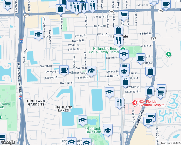 map of restaurants, bars, coffee shops, grocery stores, and more near 521 Southwest 9th Street in Hallandale Beach