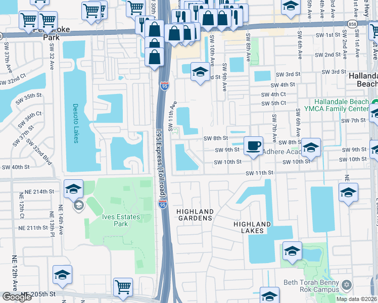 map of restaurants, bars, coffee shops, grocery stores, and more near 22 Southwest 10th Terrace in Hallandale Beach