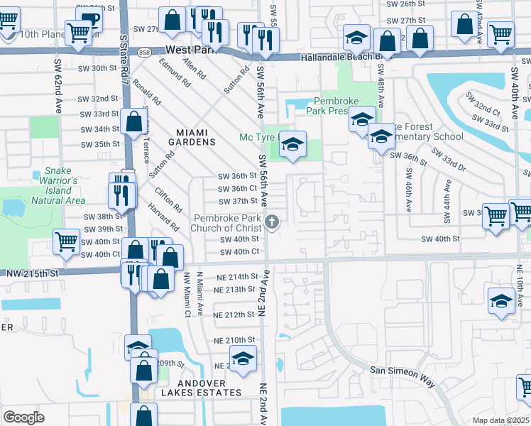map of restaurants, bars, coffee shops, grocery stores, and more near 5501 Southwest 38th Court in West Park