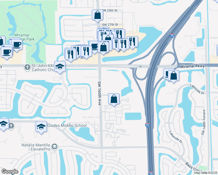 map of restaurants, bars, coffee shops, grocery stores, and more near 3601 SW 160th Ave in Miramar