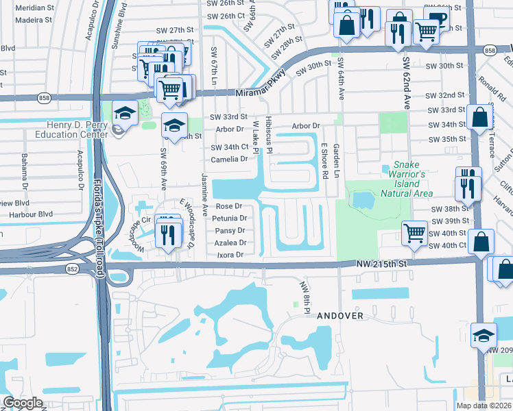 map of restaurants, bars, coffee shops, grocery stores, and more near 3813 Southwest 67th Terrace in Miramar