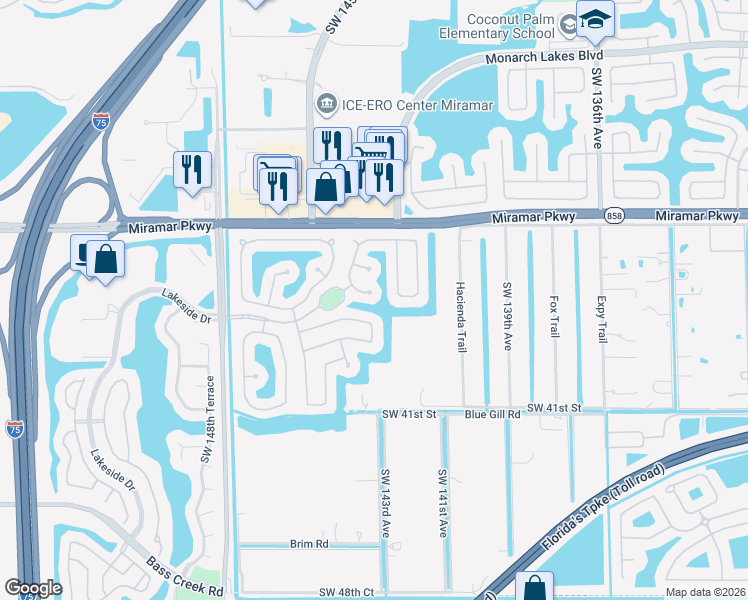 map of restaurants, bars, coffee shops, grocery stores, and more near 14322 Southwest 36th Court in Miramar