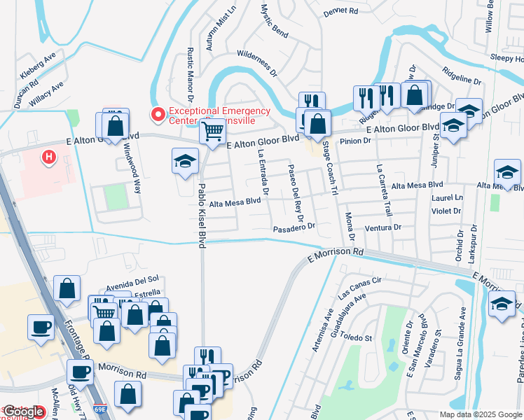 map of restaurants, bars, coffee shops, grocery stores, and more near 1075 Calle Escondida in Brownsville