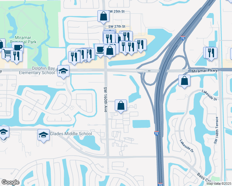 map of restaurants, bars, coffee shops, grocery stores, and more near 3601 Southwest 160th Avenue in Miramar