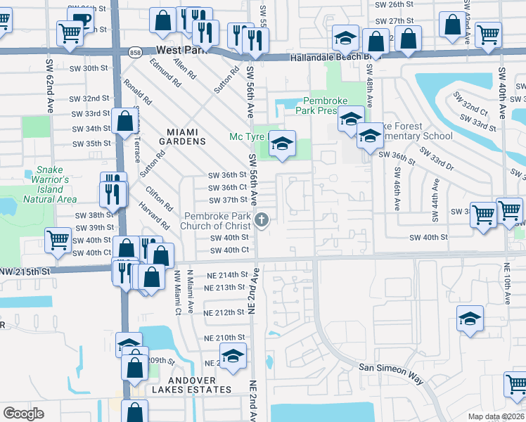 map of restaurants, bars, coffee shops, grocery stores, and more near 5501 Southwest 38th Court in West Park