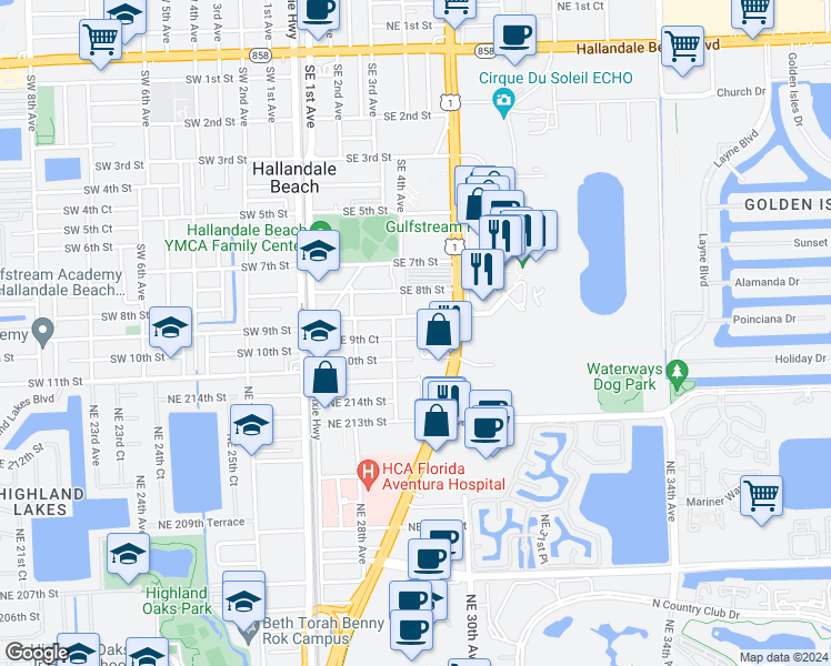 map of restaurants, bars, coffee shops, grocery stores, and more near 1000 Federal Highway in Hallandale Beach