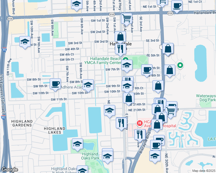 map of restaurants, bars, coffee shops, grocery stores, and more near 215 Southwest 9th Street in Hallandale Beach