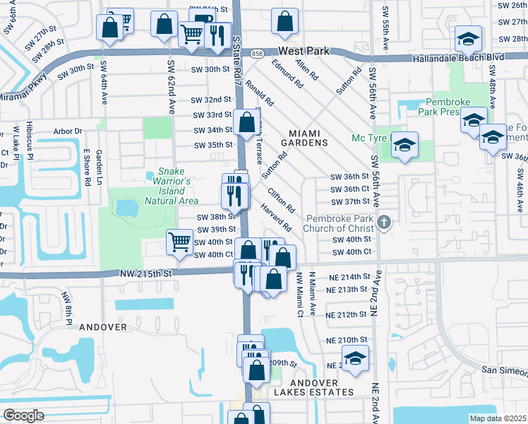 map of restaurants, bars, coffee shops, grocery stores, and more near 3907 Southwest 59th Avenue in West Park