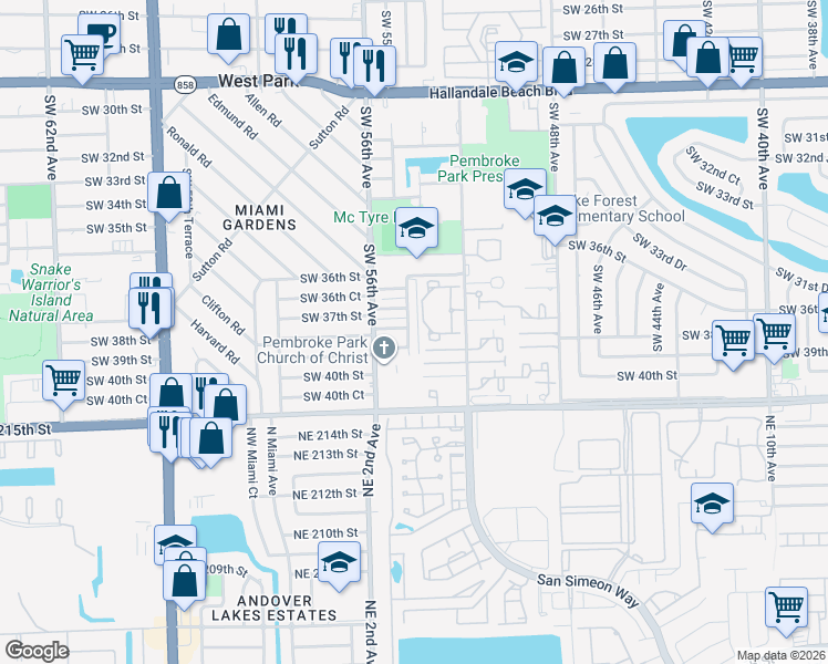 map of restaurants, bars, coffee shops, grocery stores, and more near 3828 Southwest 52nd Avenue in Hollywood