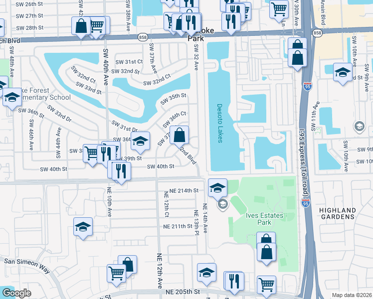 map of restaurants, bars, coffee shops, grocery stores, and more near 3910 Southwest 32nd Boulevard in West Park