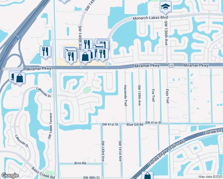 map of restaurants, bars, coffee shops, grocery stores, and more near 14220 Southwest 36th Court in Miramar
