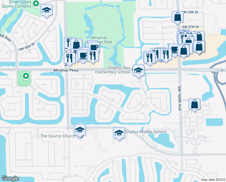 map of restaurants, bars, coffee shops, grocery stores, and more near 16640 Southwest 36th Street in Miramar