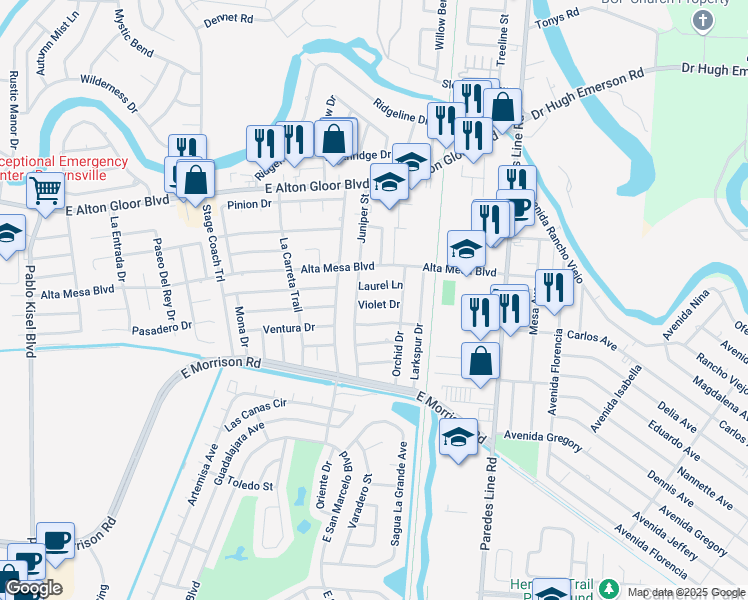 map of restaurants, bars, coffee shops, grocery stores, and more near 1704 Violet Drive in Brownsville