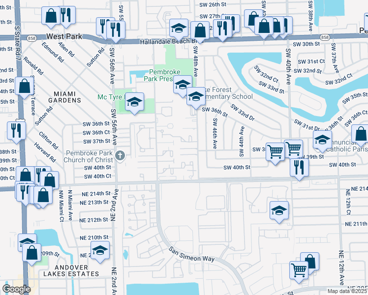 map of restaurants, bars, coffee shops, grocery stores, and more near 3898 Southwest 48th Avenue in Pembroke Park