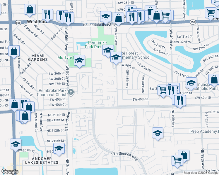 map of restaurants, bars, coffee shops, grocery stores, and more near 3898 Southwest 48th Avenue in Pembroke Park