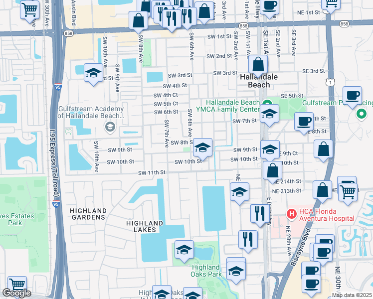 map of restaurants, bars, coffee shops, grocery stores, and more near 814 Southwest 6th Avenue in Hallandale Beach