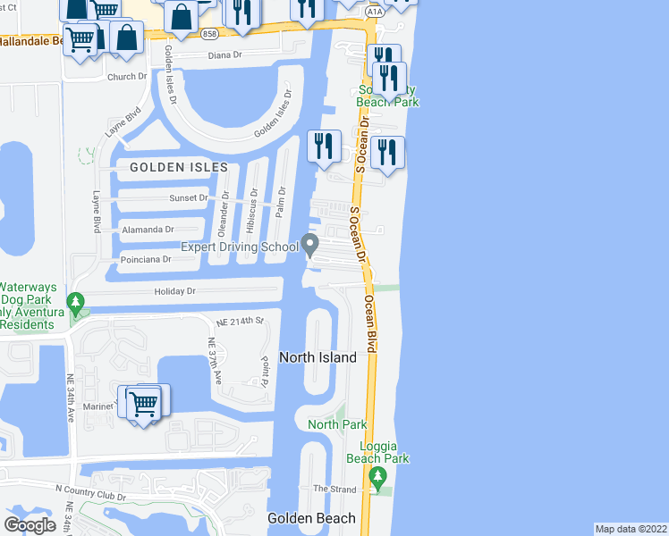 map of restaurants, bars, coffee shops, grocery stores, and more near 3181 South Ocean Drive in Hallandale Beach