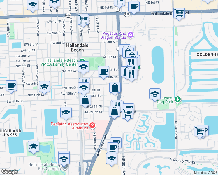 map of restaurants, bars, coffee shops, grocery stores, and more near 1000 Federal Highway in Hallandale Beach