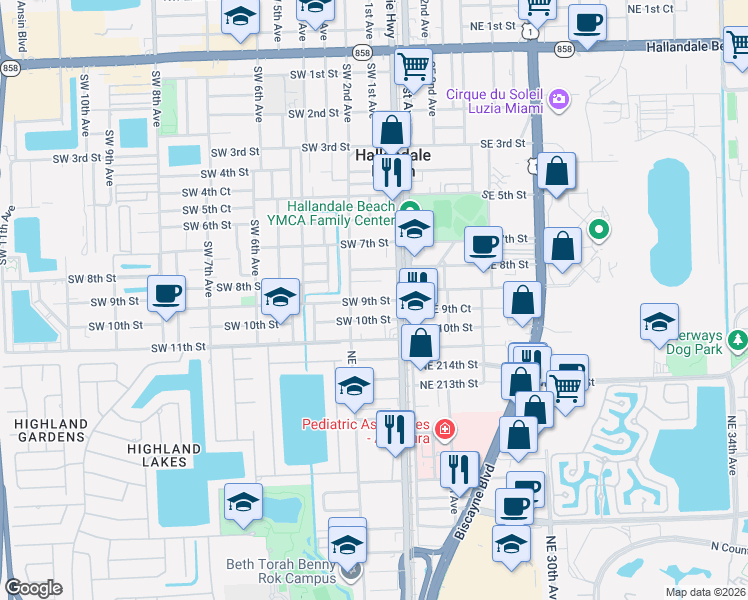 map of restaurants, bars, coffee shops, grocery stores, and more near 105 Southwest 9th Street in Hallandale Beach