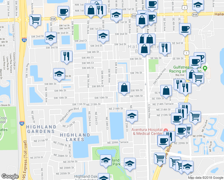 map of restaurants, bars, coffee shops, grocery stores, and more near 905 Southwest 4th Terrace in Hallandale Beach
