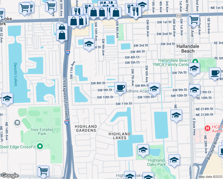 map of restaurants, bars, coffee shops, grocery stores, and more near 853 Southwest 9th Street in Hallandale Beach