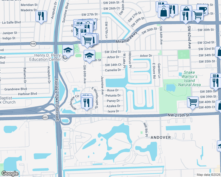 map of restaurants, bars, coffee shops, grocery stores, and more near 6740 Rose Drive in Miramar