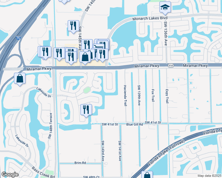 map of restaurants, bars, coffee shops, grocery stores, and more near 14220 Southwest 36th Court in Miramar