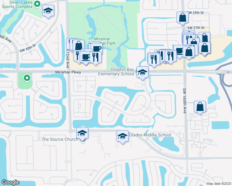 map of restaurants, bars, coffee shops, grocery stores, and more near 16640 Southwest 36th Street in Miramar