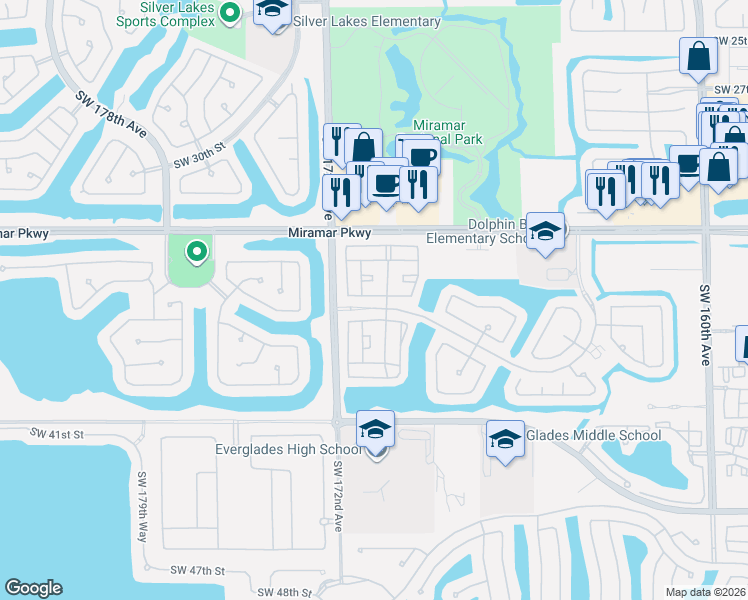 map of restaurants, bars, coffee shops, grocery stores, and more near 17107 Southwest 38th Street in Miramar