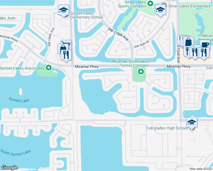 map of restaurants, bars, coffee shops, grocery stores, and more near 18074 Southwest 33rd Court in Miramar
