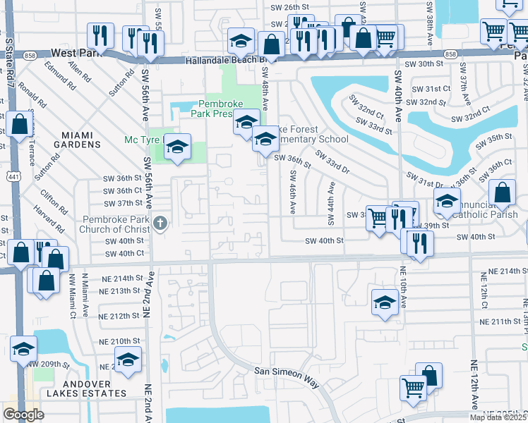 map of restaurants, bars, coffee shops, grocery stores, and more near 3898 Southwest 48th Avenue in Pembroke Park