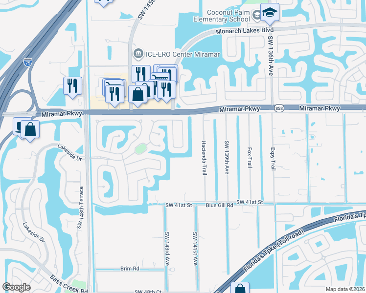 map of restaurants, bars, coffee shops, grocery stores, and more near 9184 Southwest 36th Street in Miramar