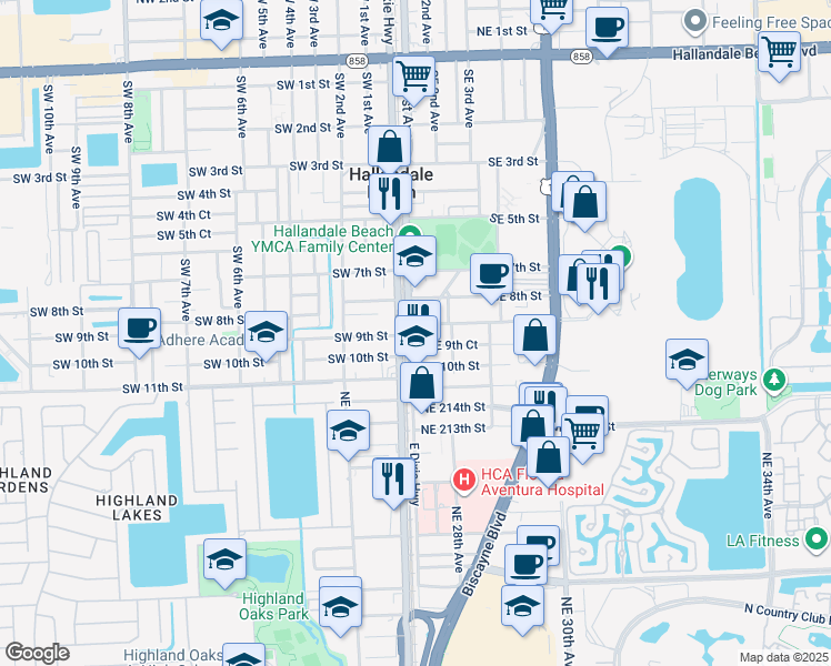 map of restaurants, bars, coffee shops, grocery stores, and more near in Hallandale Beach