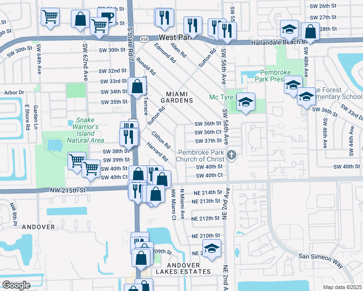 map of restaurants, bars, coffee shops, grocery stores, and more near 3800 Southwest 58th Avenue in West Park