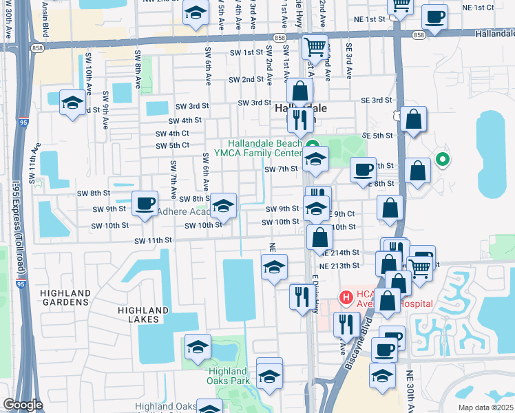 map of restaurants, bars, coffee shops, grocery stores, and more near 215 Southwest 9th Street in Hallandale Beach