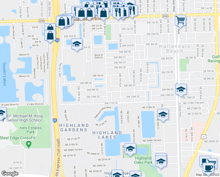 map of restaurants, bars, coffee shops, grocery stores, and more near 906 Southwest 8th Avenue in Hallandale Beach