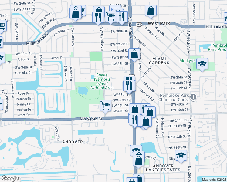 map of restaurants, bars, coffee shops, grocery stores, and more near 6133 Southwest 38th Street in Miramar
