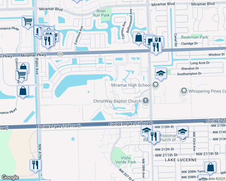 map of restaurants, bars, coffee shops, grocery stores, and more near 3444 Foxcroft Road in Miramar
