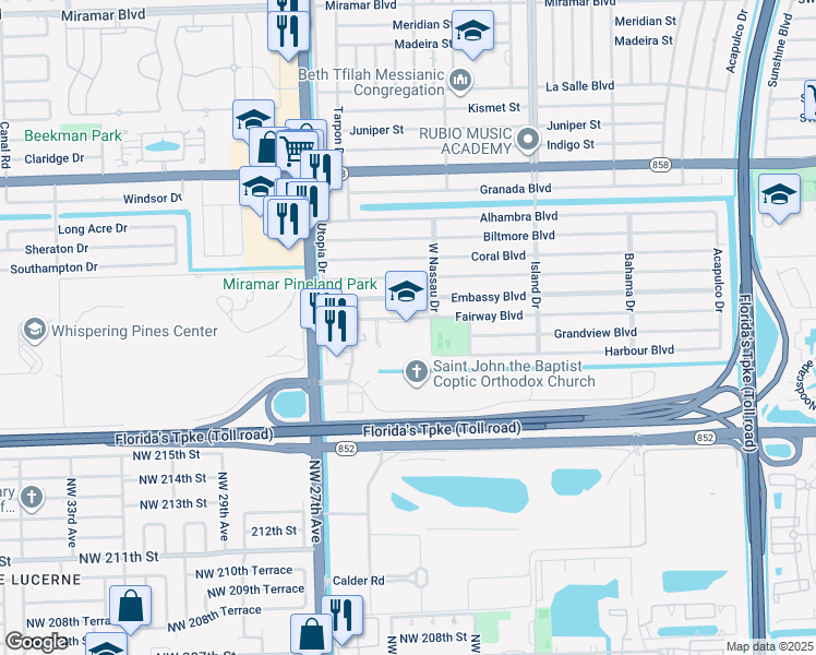 map of restaurants, bars, coffee shops, grocery stores, and more near 7850 Fairway Boulevard in Miramar