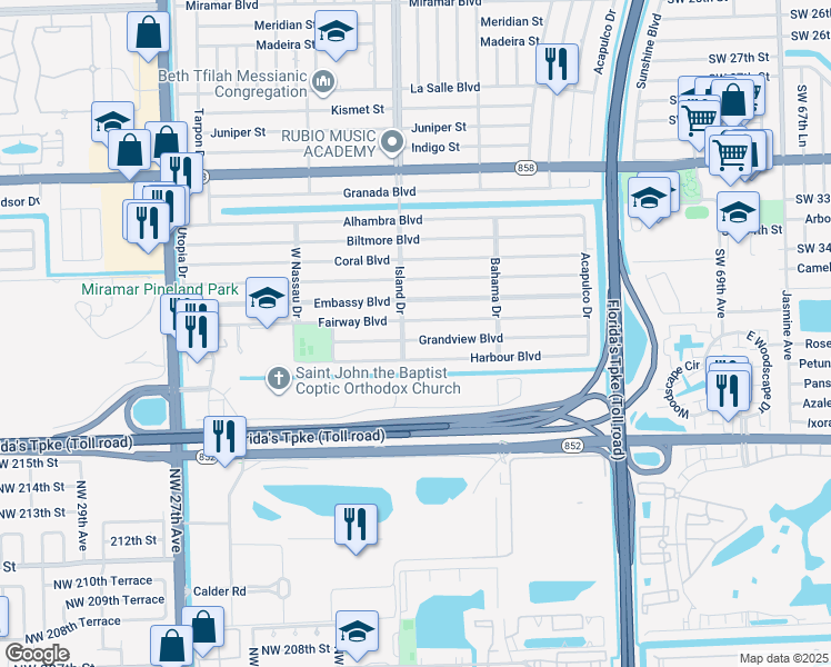 map of restaurants, bars, coffee shops, grocery stores, and more near 3705 Island Drive in Miramar