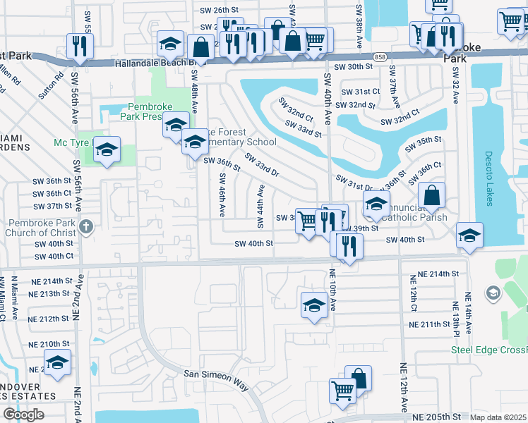 map of restaurants, bars, coffee shops, grocery stores, and more near 3811 Southwest 44th Avenue in West Park