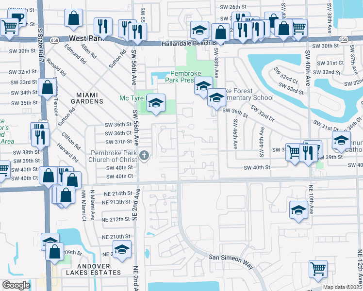 map of restaurants, bars, coffee shops, grocery stores, and more near 3804 Southwest 52nd Avenue in Hollywood