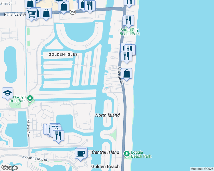 map of restaurants, bars, coffee shops, grocery stores, and more near 3209 County Line Road in Hallandale Beach