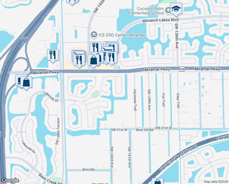 map of restaurants, bars, coffee shops, grocery stores, and more near 14322 Southwest 36th Court in Miramar