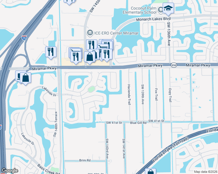 map of restaurants, bars, coffee shops, grocery stores, and more near 14322 Southwest 36th Court in Miramar