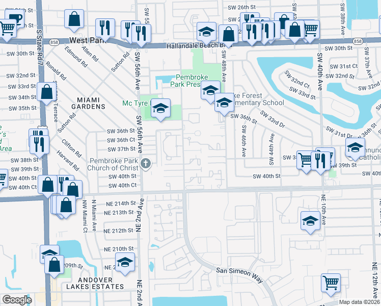 map of restaurants, bars, coffee shops, grocery stores, and more near 3804 Southwest 52nd Avenue in Hollywood
