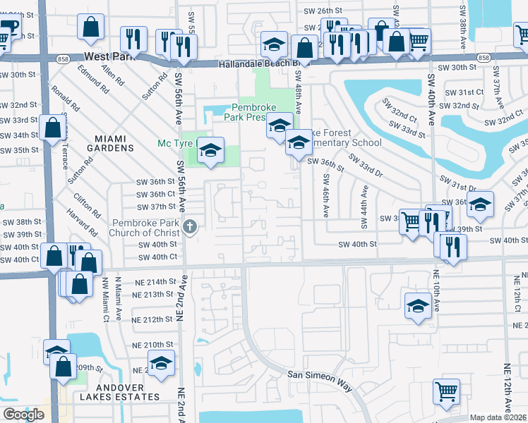 map of restaurants, bars, coffee shops, grocery stores, and more near 3871 Southwest 52nd Avenue in Pembroke Park
