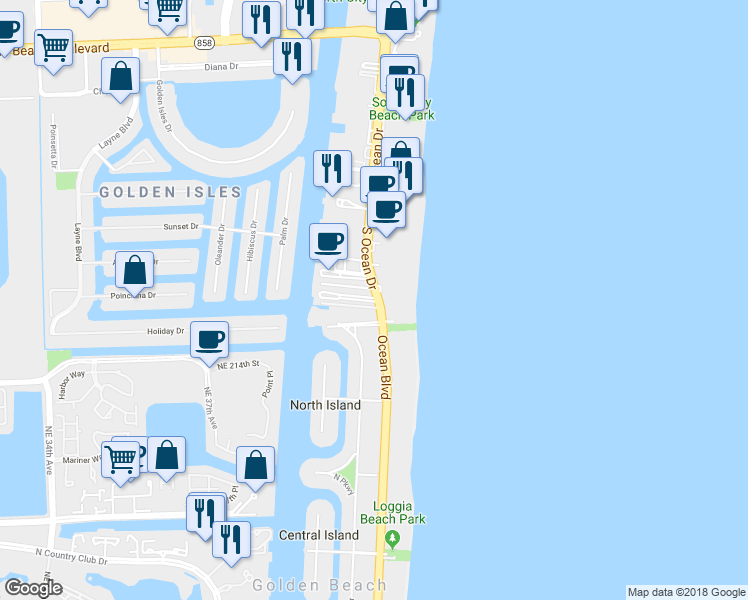 map of restaurants, bars, coffee shops, grocery stores, and more near 3161 South Ocean Drive in Hallandale Beach