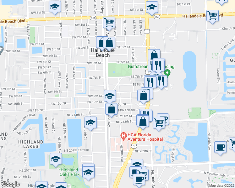 map of restaurants, bars, coffee shops, grocery stores, and more near 116 Southeast 9th Court in Hallandale Beach